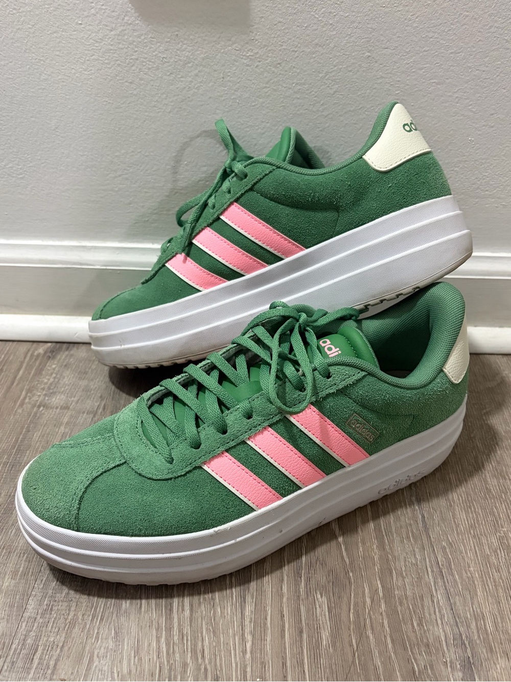 adidas Women’s Green Suede Sneakers with Pink Stripes